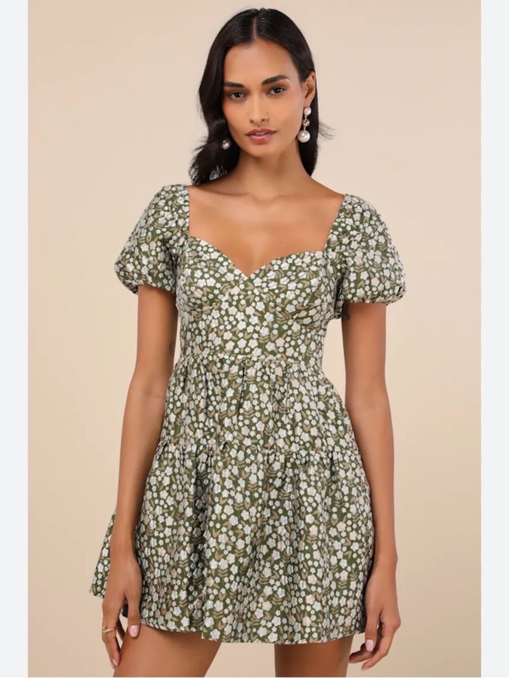Lulu's Confident Sweetheart Olive Floral Jacquard Tiered Mini Dress large